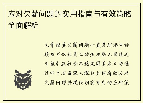 应对欠薪问题的实用指南与有效策略全面解析